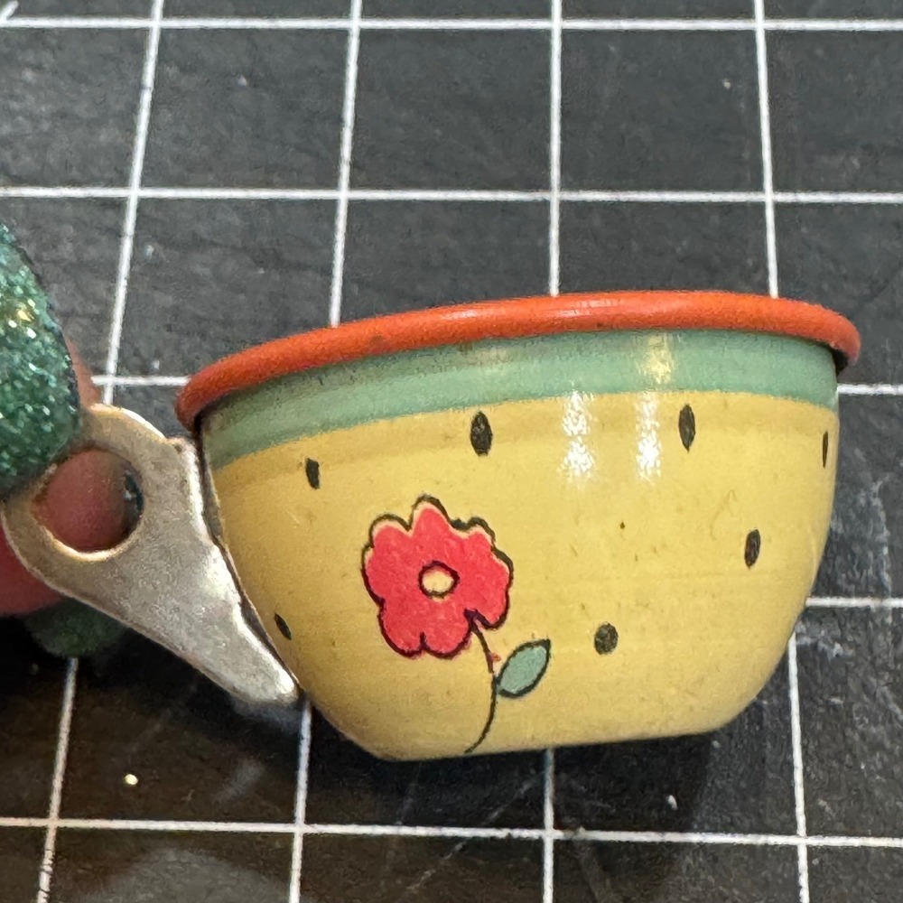 Vintage Ohio Art Tin Litho Toy Tea Cup Floral Polka Dot Miniature Made in USA